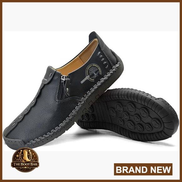 Vintage Leather Loafers with Side Zipper - Flexible Slip-On Driving Shoes